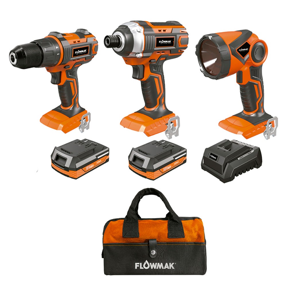 FLOWMAK PACK TALADRO + ATOR IMP + LINTERNA 2BAT 18