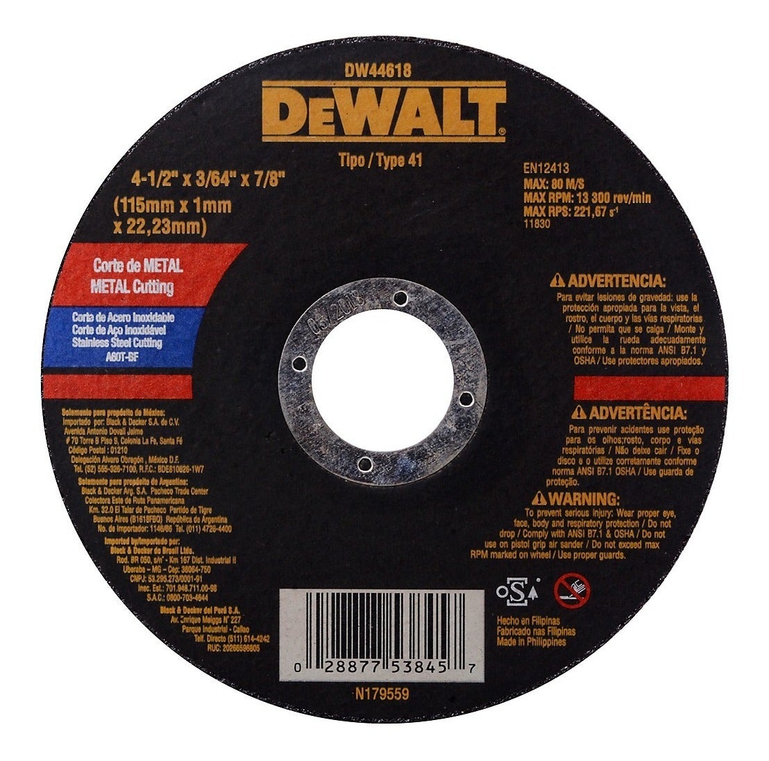 DEWALT DISCO CORTE 41/2" METAL/INOX 1MM DW44618