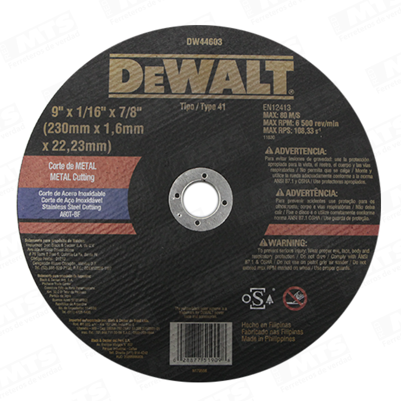 DEWALT DISCO CORTE 9" METAL/INOX 1.6MM DW44603