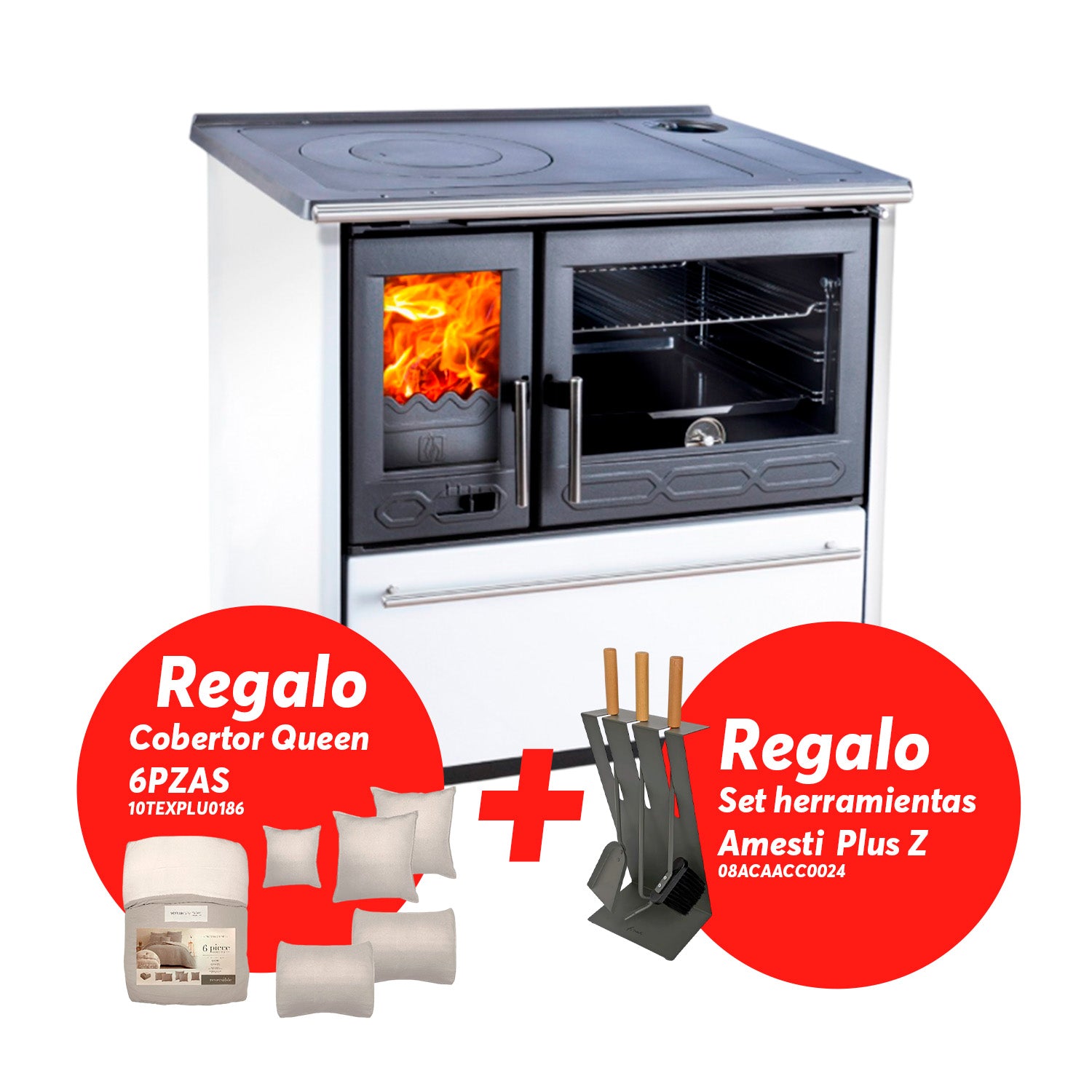Amesti Cocina Leña Altima Blanco + Set Herramientas Estufa + Cobertor Queen 6 Pzas Gratis