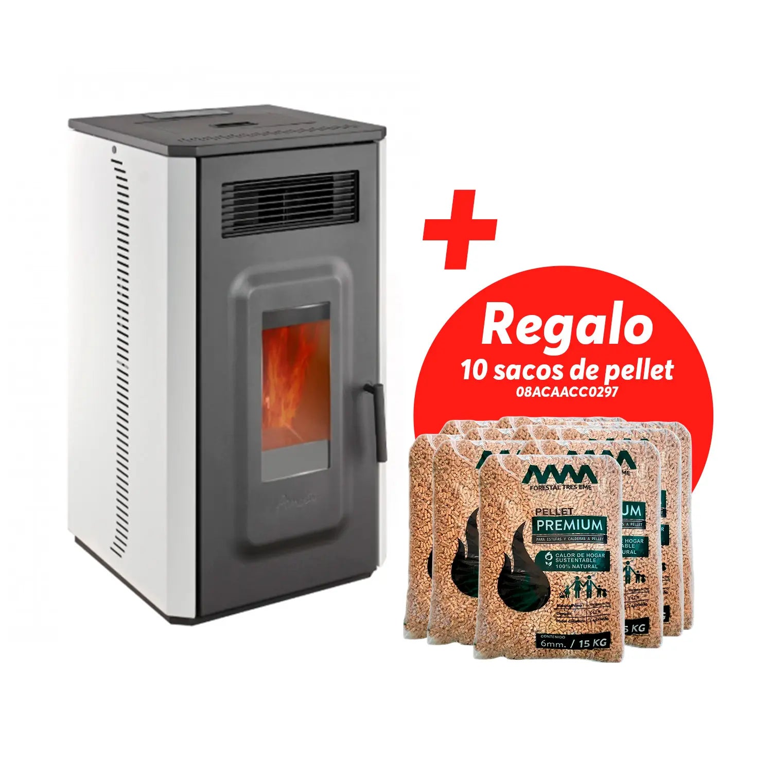 Amesti Estufa a Pellet Vulcan 10 Blanco + 10 Sacos Pellet Premium 15 kg Gratis