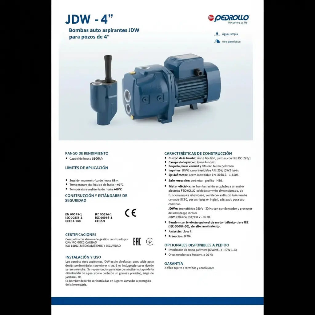 Pedrollo Bomba Aspiración Profunda 30 mt 1Hp JDWM 1A-30 4"