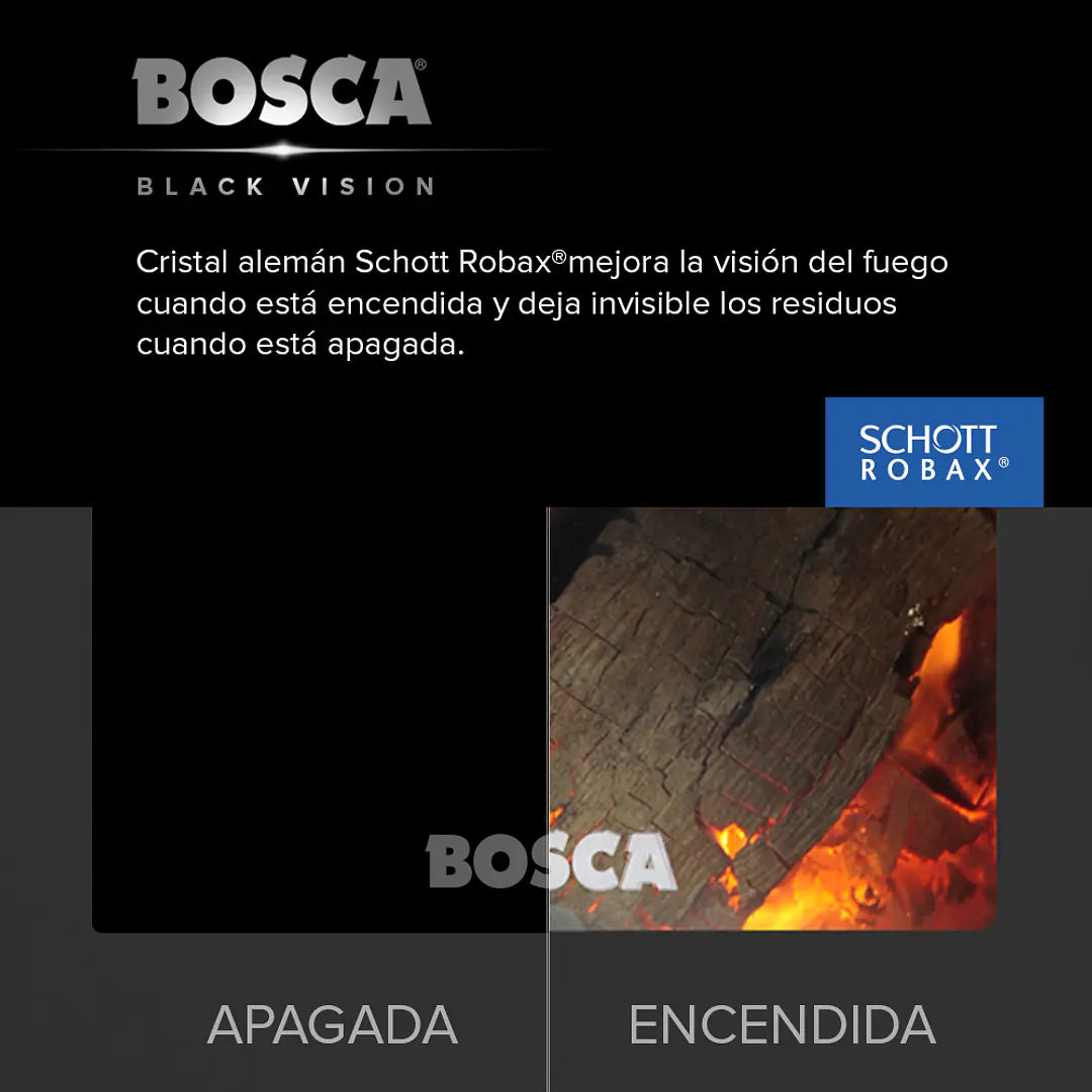 Estufa a Leña Bosca Gold 500 Black Vision Charcoal Hasta 220 m² + Kit Gratis