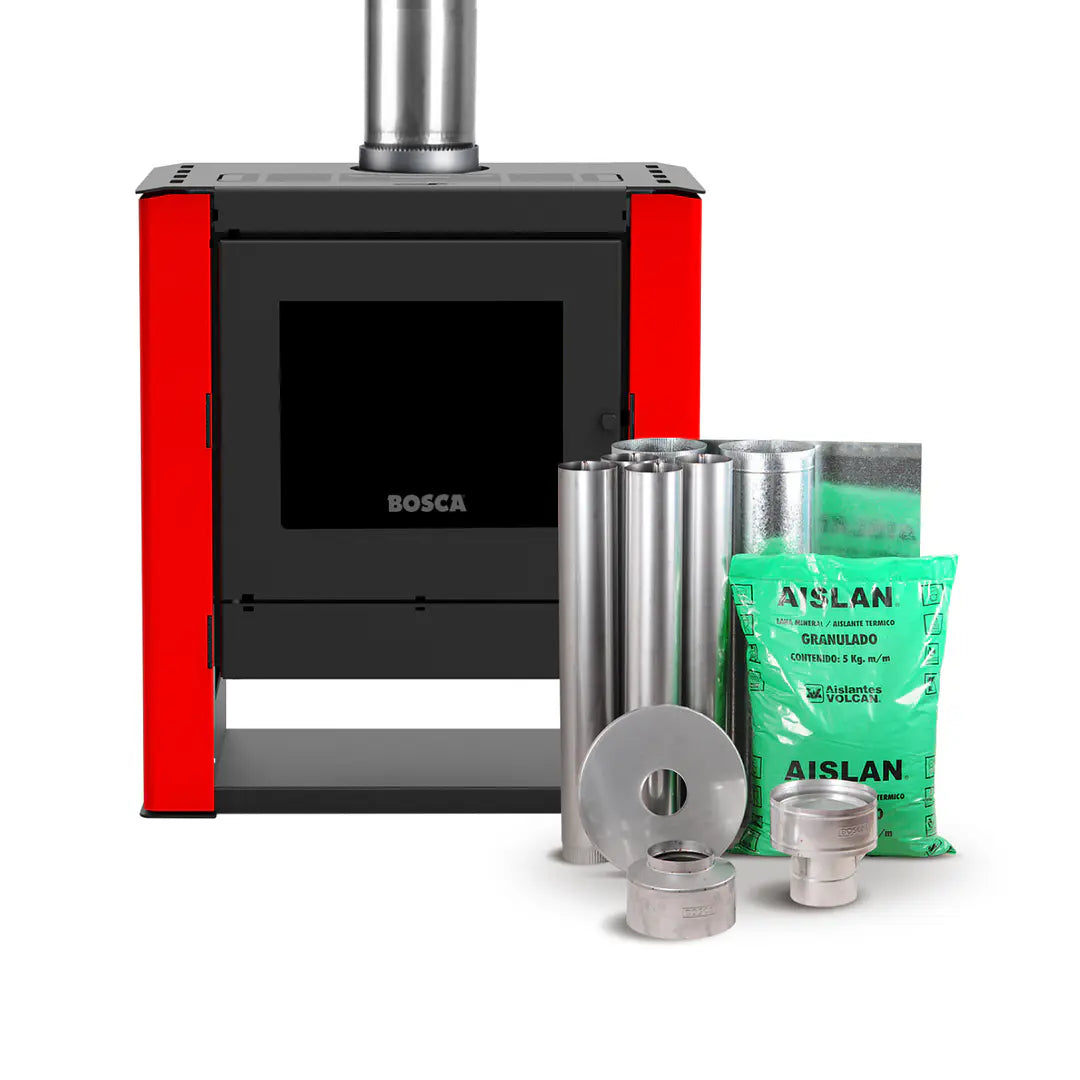 Estufa a Leña Bosca Gold 500 Black Vision Rojo Hasta 220 m² + Kit Gratis