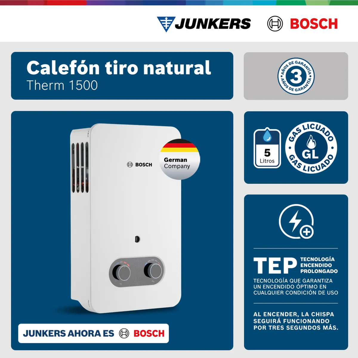 Bosch Calefont Gas Licuado 5 lts Therm 1500 | Tiro Natural