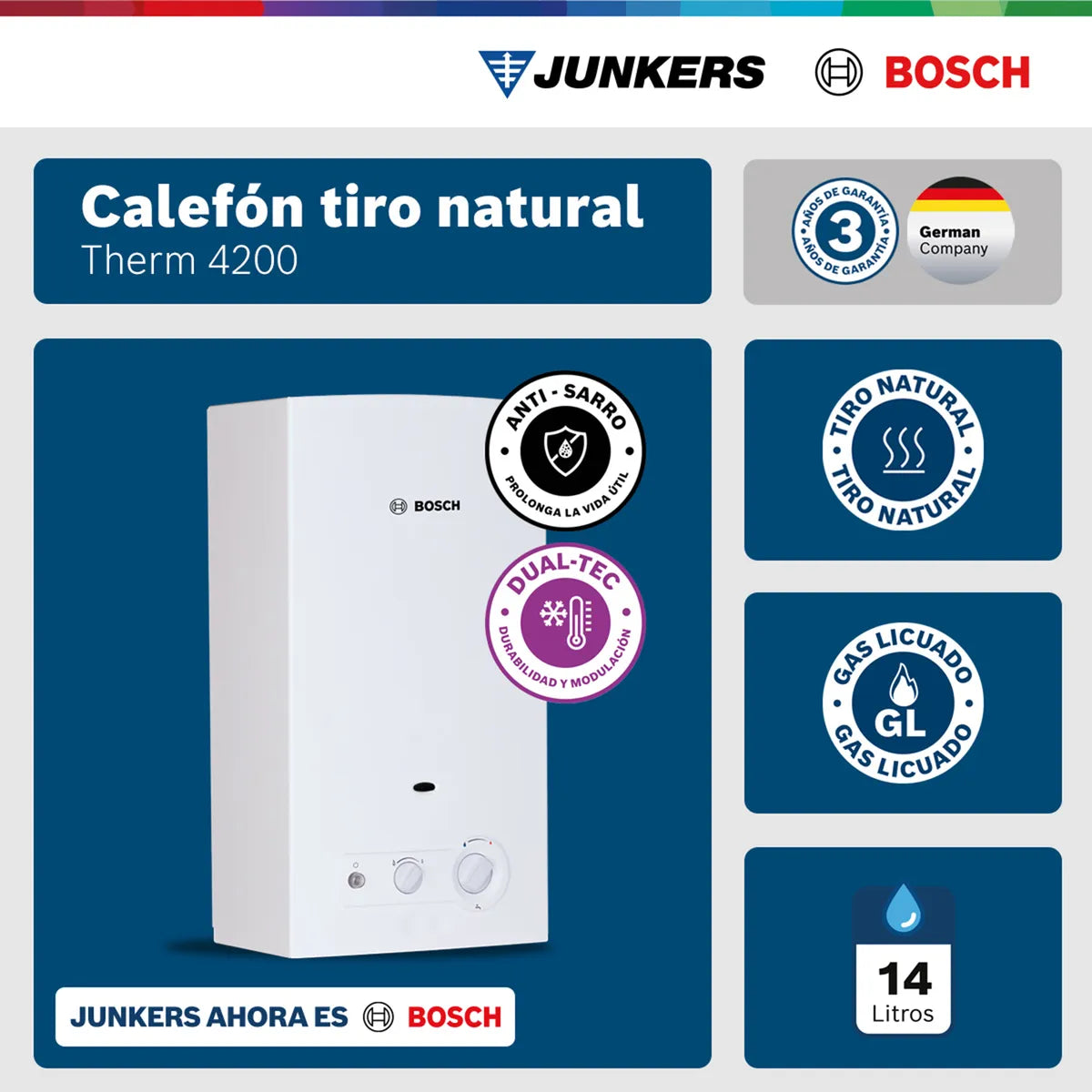 Bosch Calefont Gas Licuado 14 lts Therm 4200 | Tiro Natural