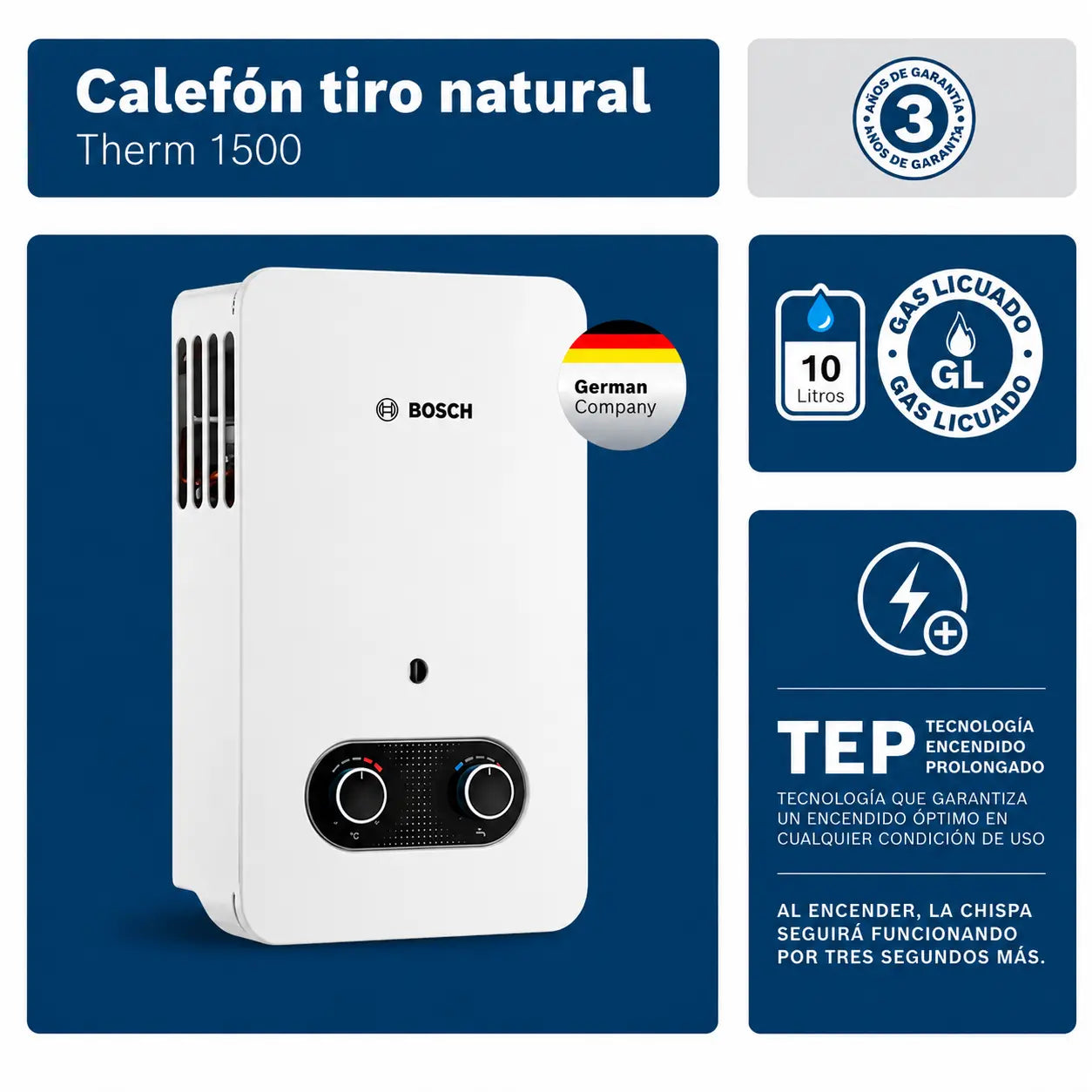 Calefont Bosch Therm 1500 10 Litros Gas Licuado de Tiro Natural