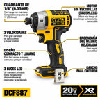 Atornillador de Impacto DEWALT XR 20V 1/4" DCF887B sin Batería