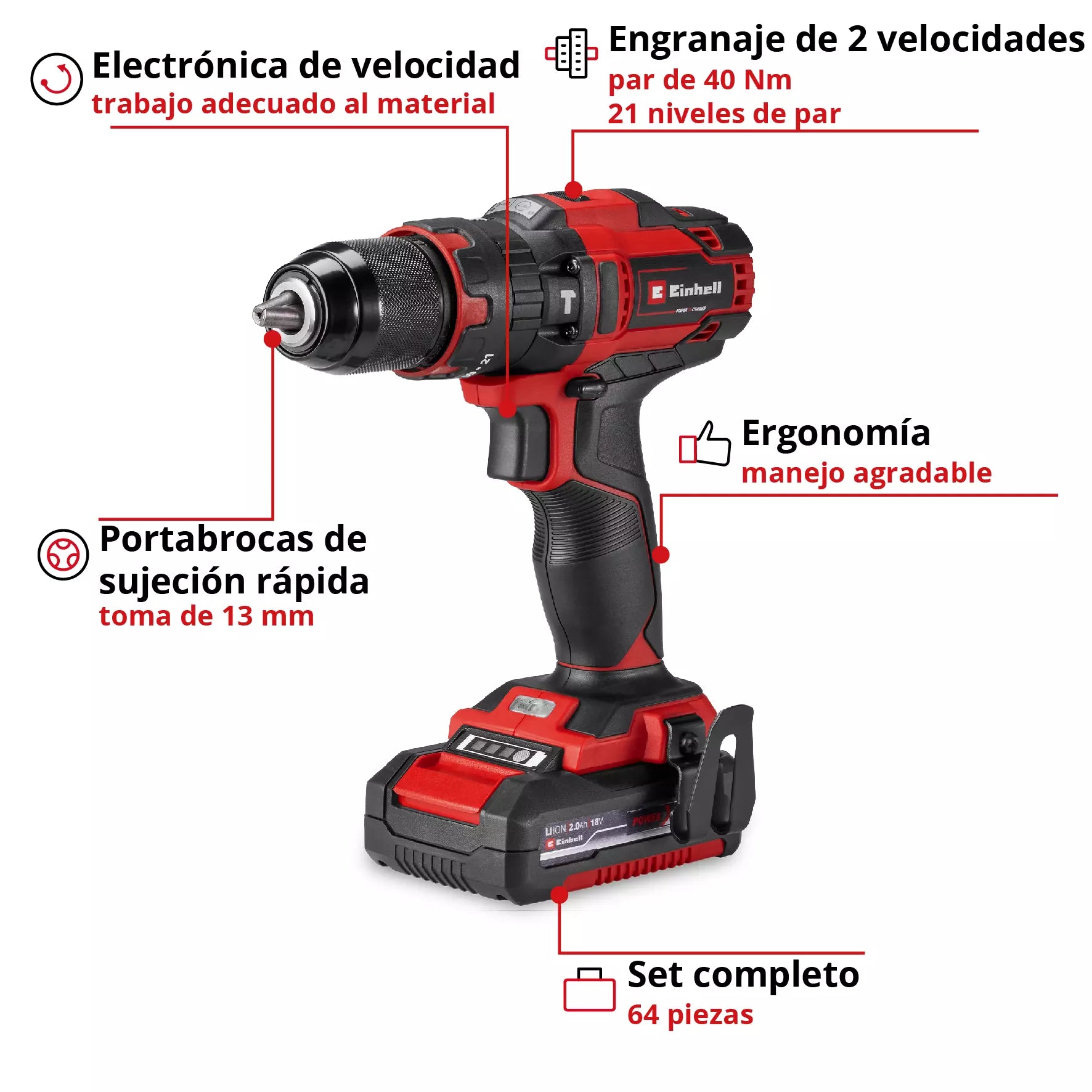 Kit Taladro Percutor Einhell TE-CD 18/40 18V + 64 Accesorios