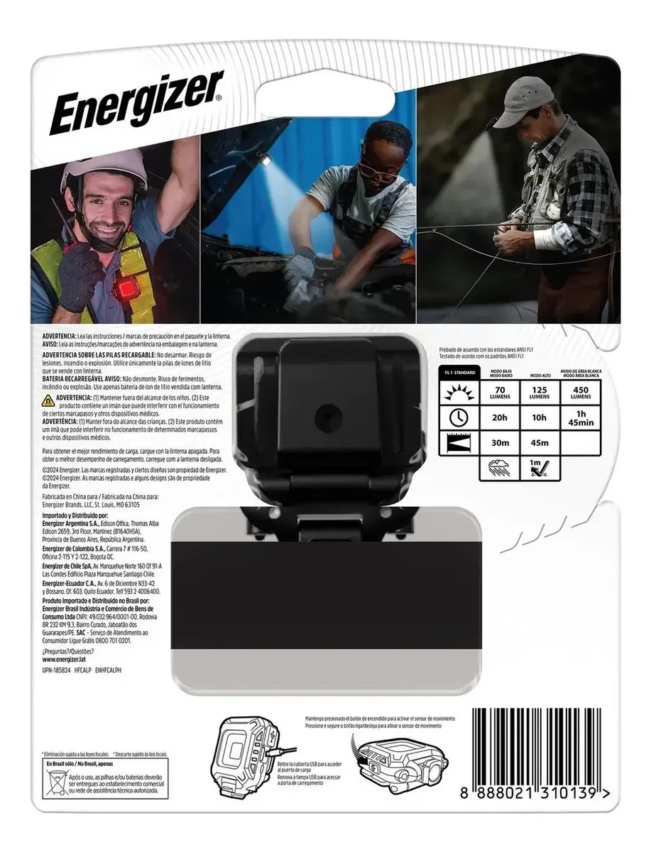 Linterna Frontal Recargable Energizer 450 Lúmenes con Sensor