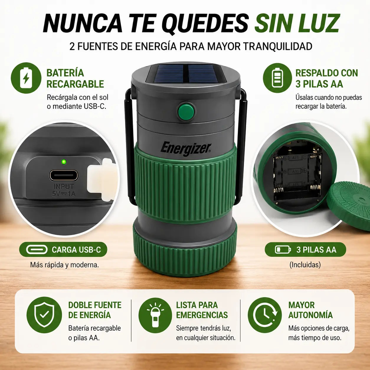 Linterna Farol Solar Híbrida Energizer 500 Lúmenes