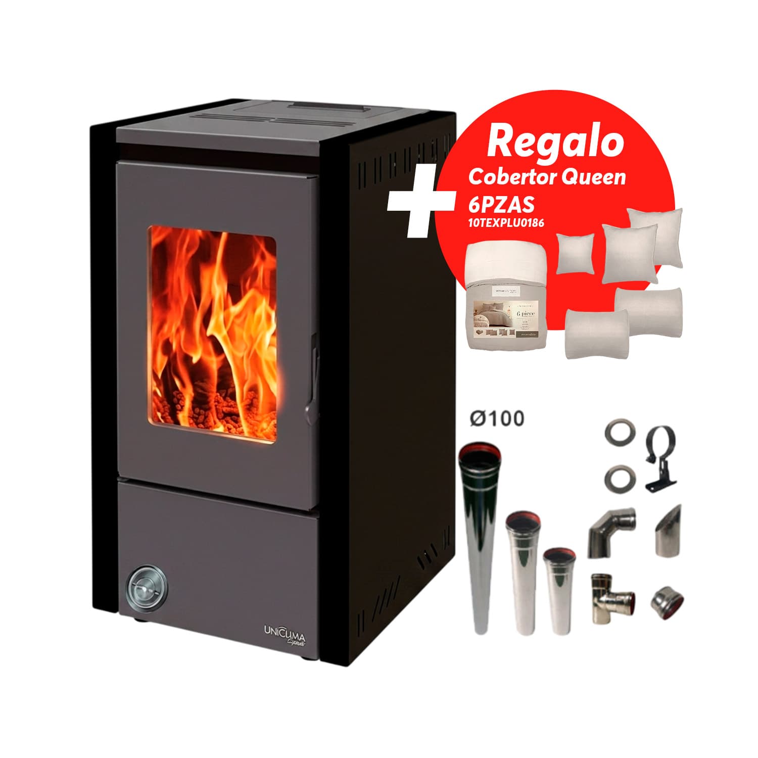 Pack Estufa a Pellet Uniclima Karina 6 kW + Kit y Cobertor de Regalo