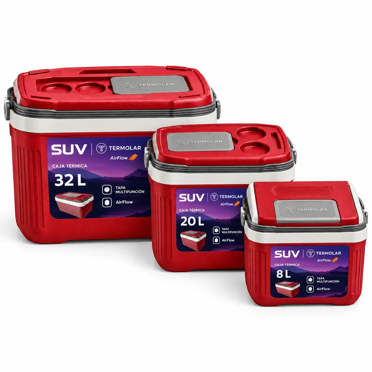 Set 3 Coolers Termolar AirFlow 32 L + 20 L + 8 L Rojo