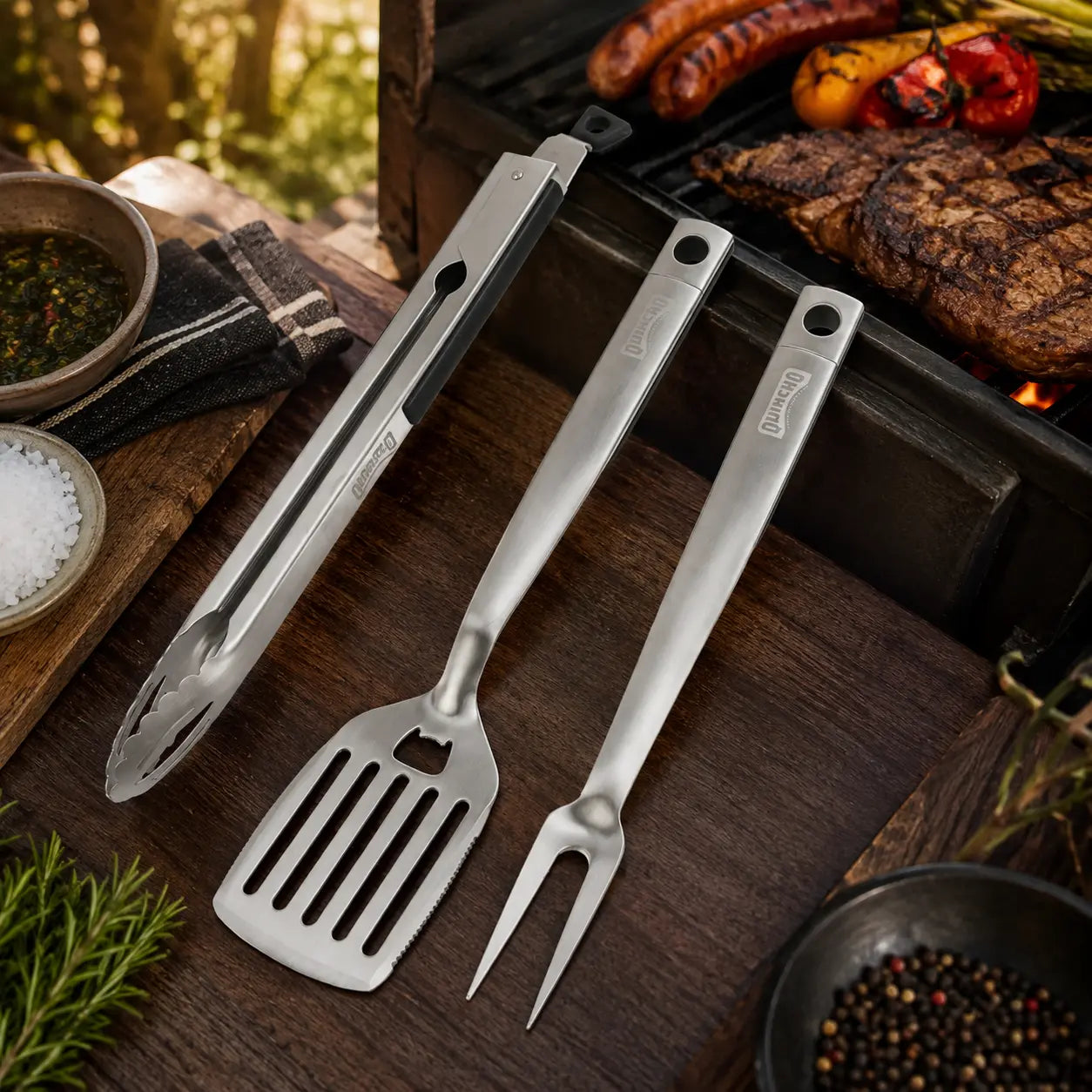 Set de Herramientas Premium para Parrilla Quincho BBQ 3 Piezas