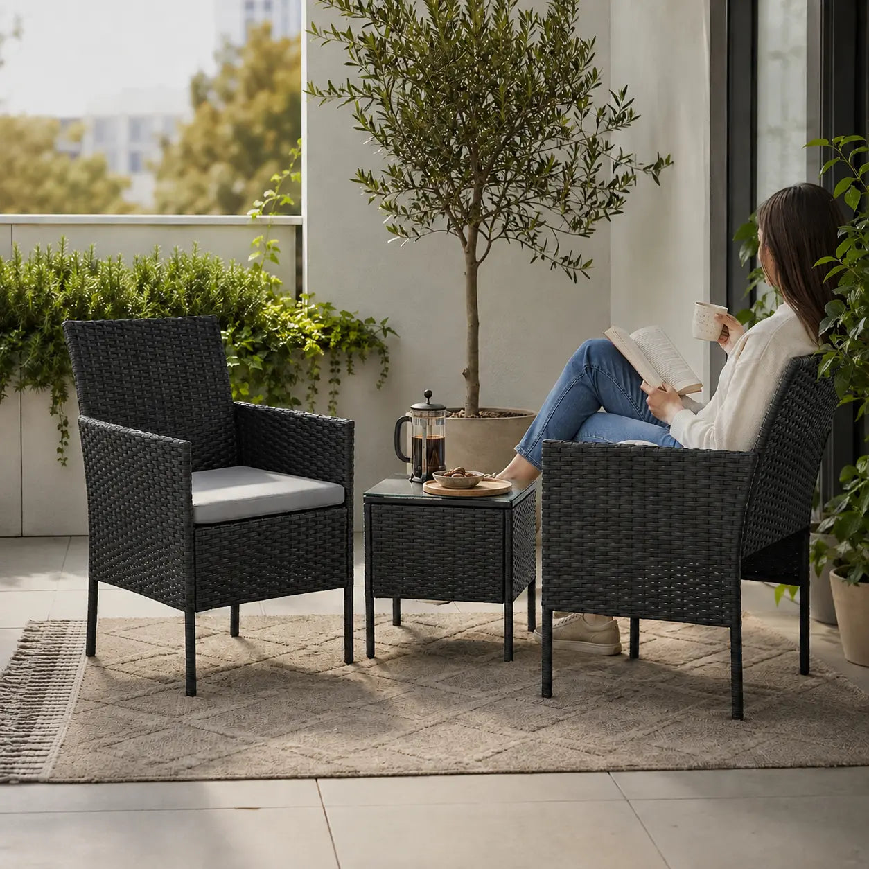 Set de Terraza 3 Piezas Ratán Sintético Negro con Cojines