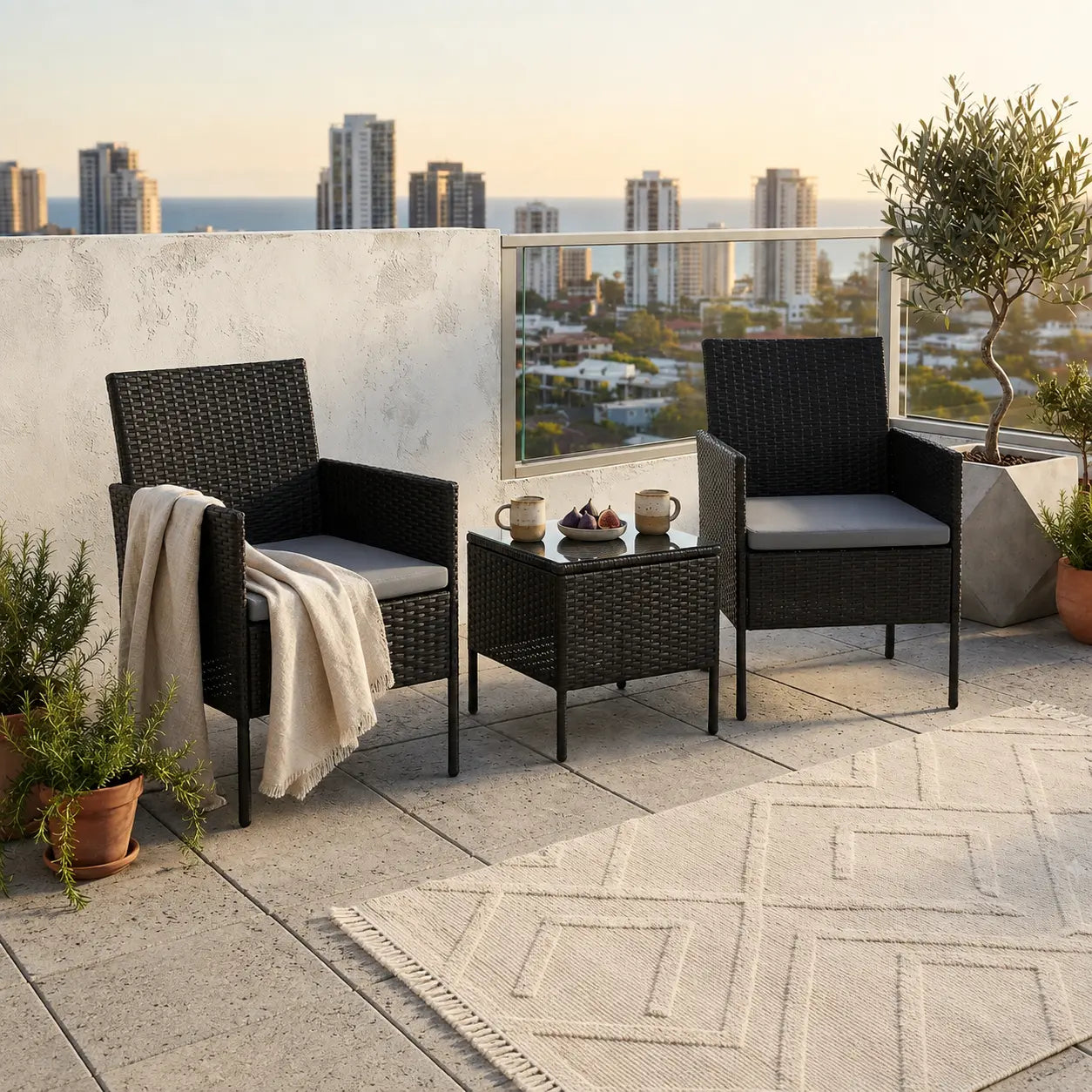 Set de Terraza 3 Piezas Ratán Sintético Negro con Cojines