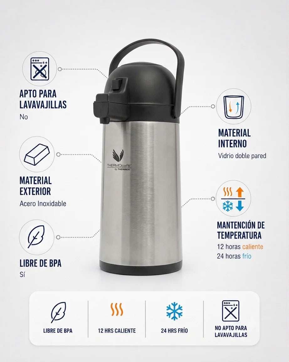 Termo Sifón Thermos de Vidrio 1,5 Litros Color Acero
