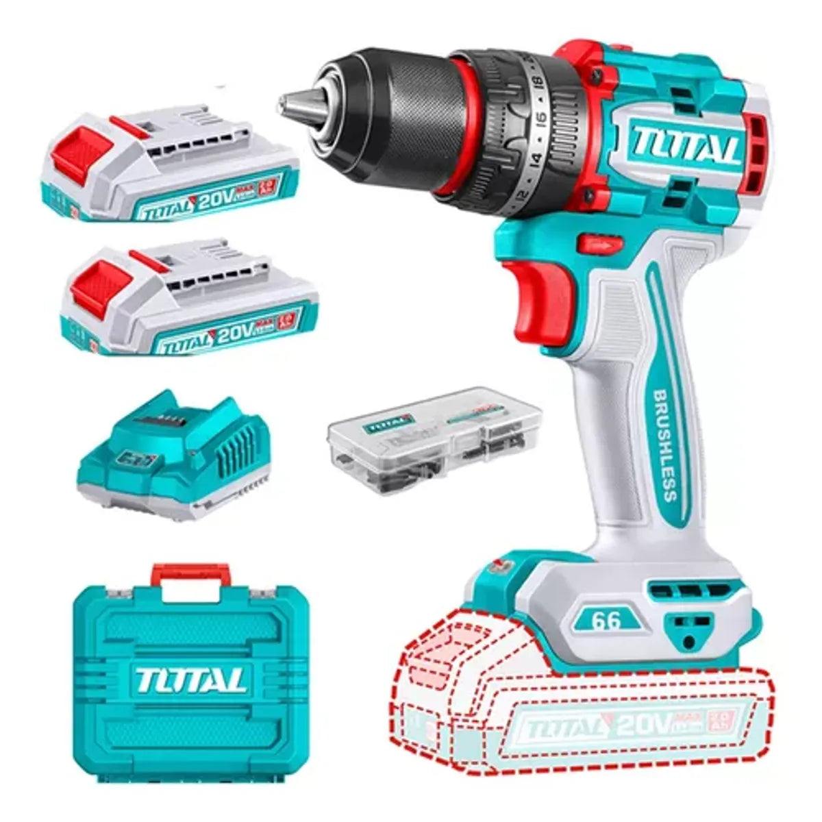 Kit Taladro Percutor Inalámbrico Total 20V 66Nm TIDLI20668