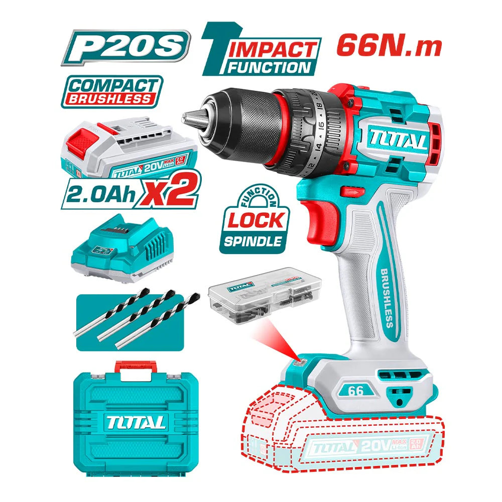 Kit Taladro Percutor Inalámbrico Total 20V 66Nm TIDLI20668