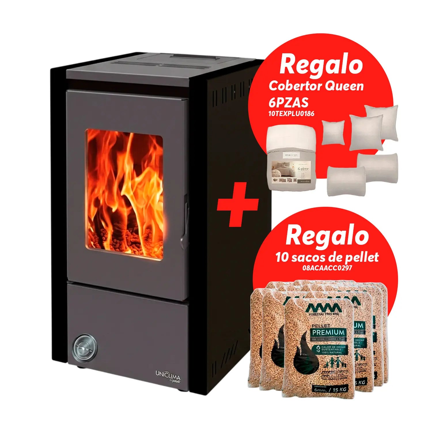 Uniclima Estufa a Pellet Karina + 10 Sacos Pellet Premium 15 kg + Cobertor Queen 6 Pzas Gratis